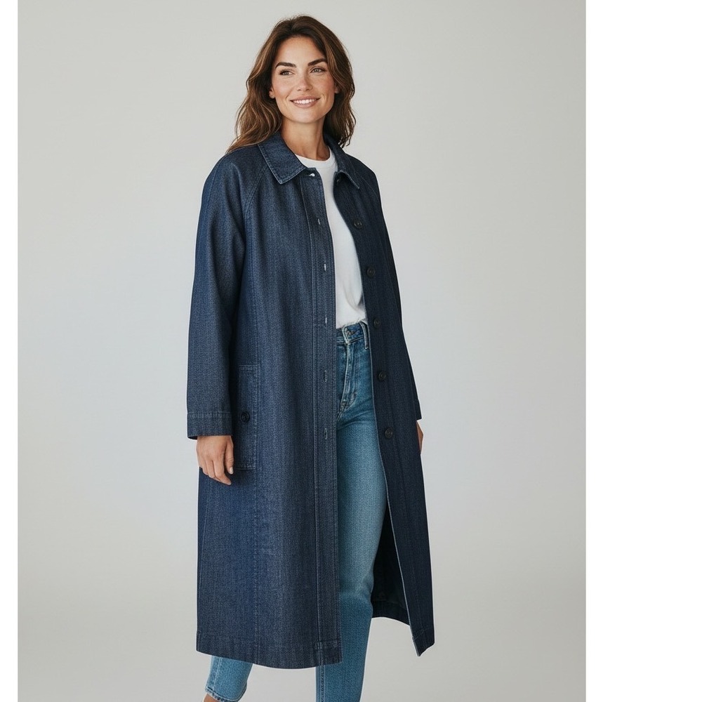 Talbots Womens Blue Denim Car Coat Longline Jacket Indigo Lyocell Blend L